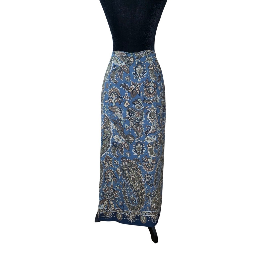 Vintage Harold's Paisley Maxi Skirt Blue Brown Rayon Size 6 Boho Modest USA
